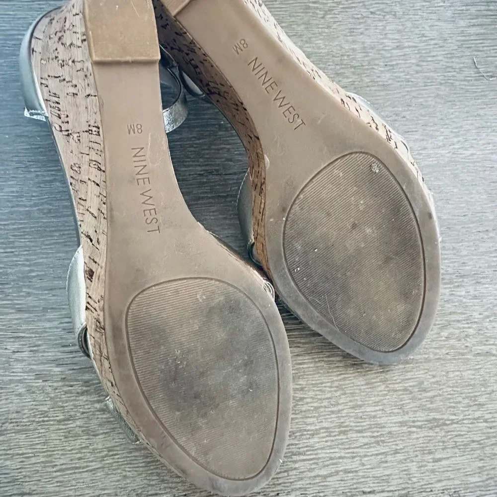Nine West Gold Metallic Leather Wedge Cork Heel Sandals 8